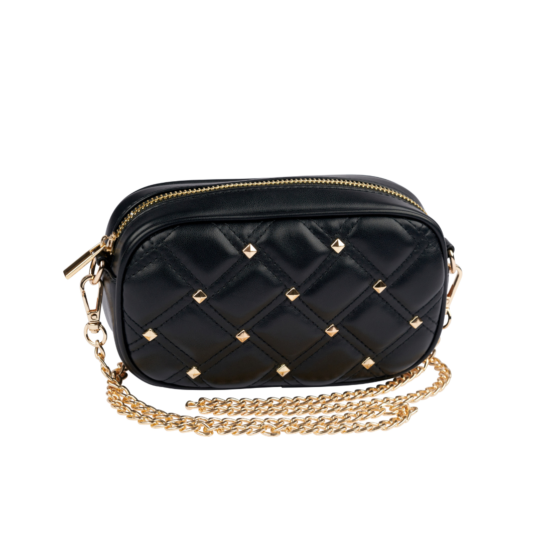 Black quilted crossbody bag with gold chain online